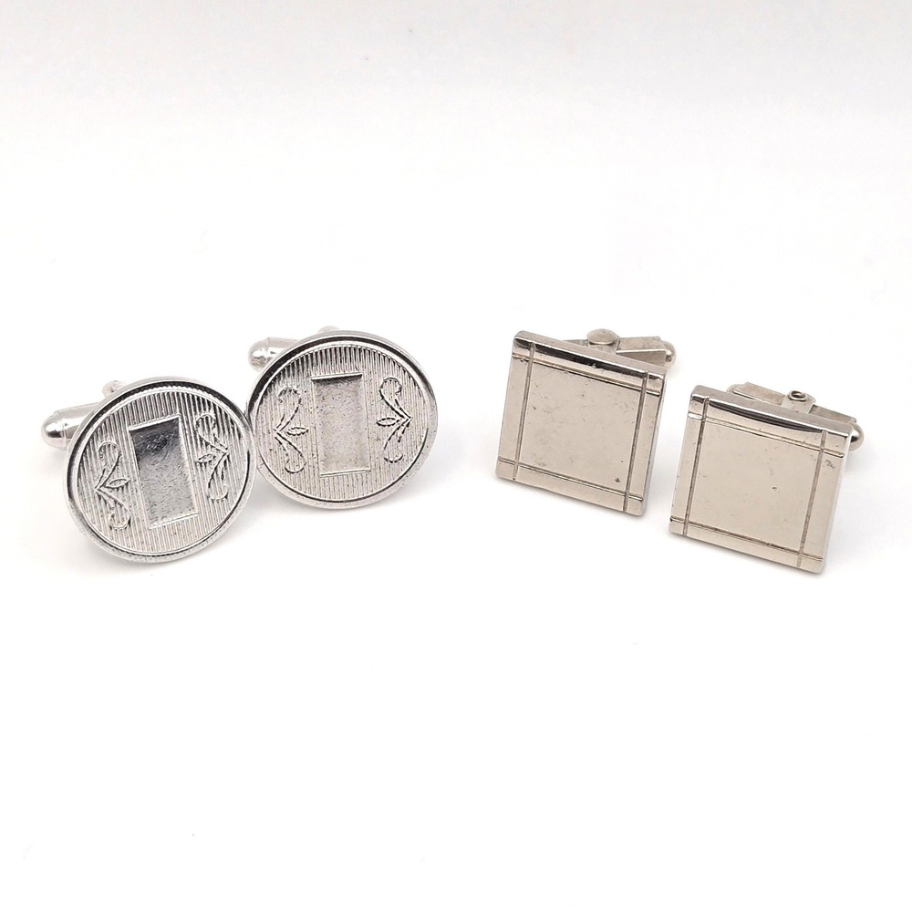 Vintage Silver Tone Cufflinks Set Round Hickok USA Engraved and Square Geometric